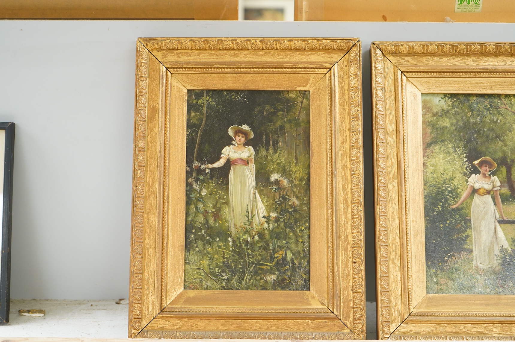 Late 19th / early 20th century School, Studies of women before landscapes, one indistinctly monogrammed lower left HSR?, pair of oils on board, 22 x 13cm, ornate gilt frames